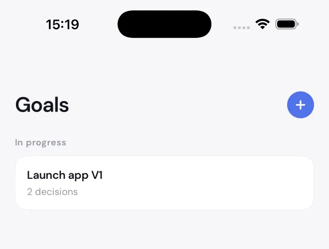 Goals screen listing an objective in progress with two linked decisions.